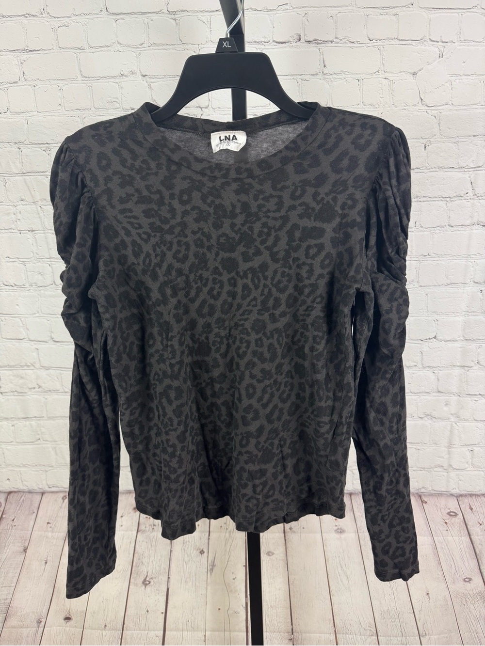 LNA Clothing Dark Gray Leopard Print Puff Shoulder Long Sleeve Top Size Small